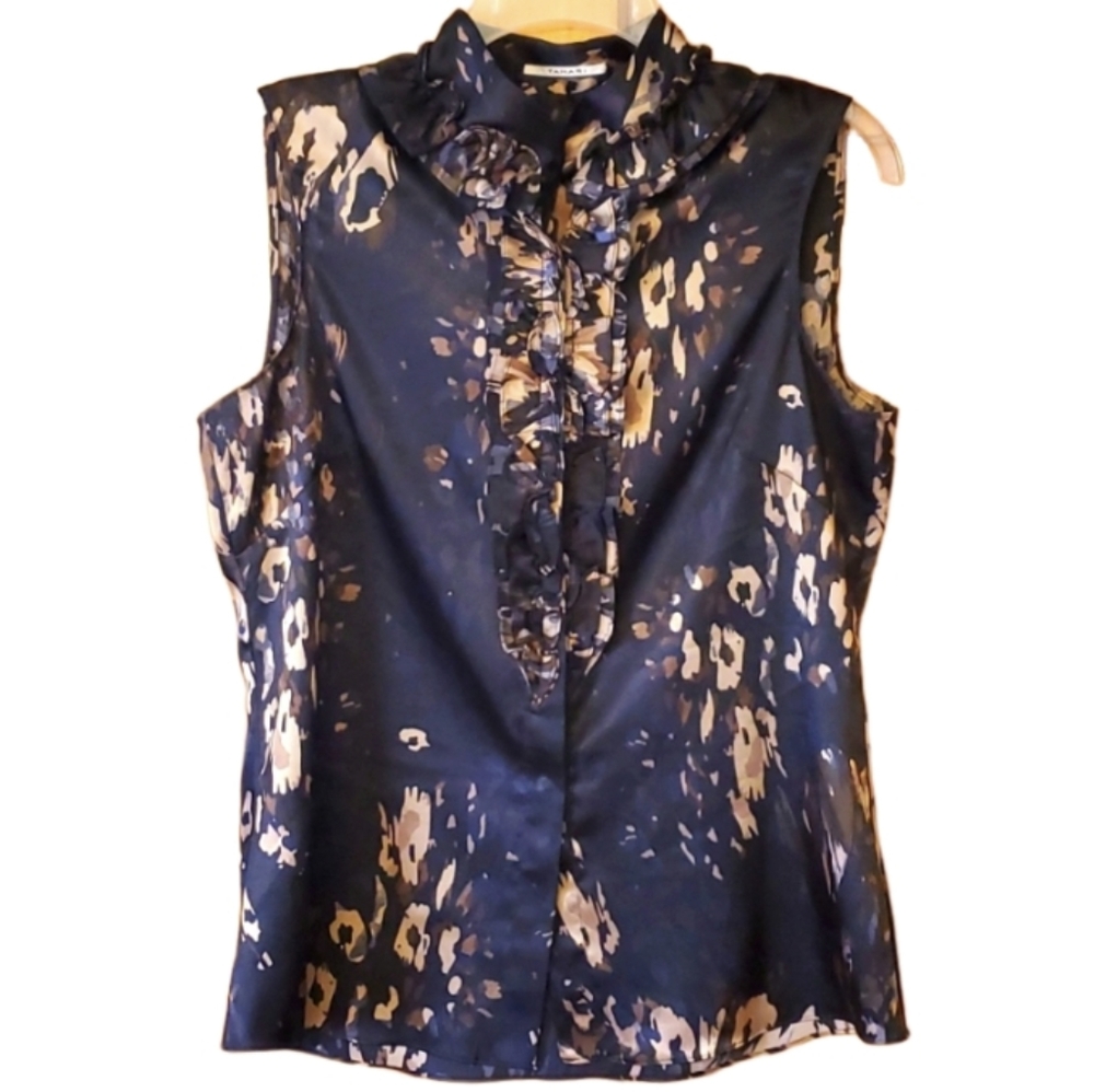 T Tahari Womans Sleeveless Black and Gold‎ Ruffled Blouse Size Medium